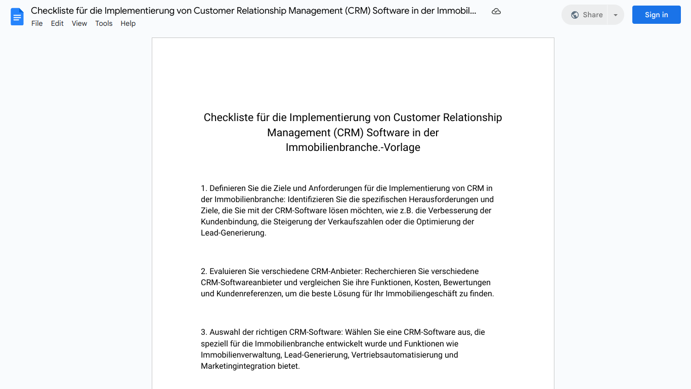 Checkliste für die Implementierung von Customer Relationship Management (CRM) Software in der Immobilienbranche.-Vorlage