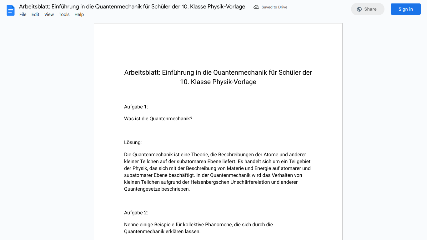 Arbeitsblatt: Einführung in die Quantenmechanik für Schüler der 10. Klasse Physik-Vorlage