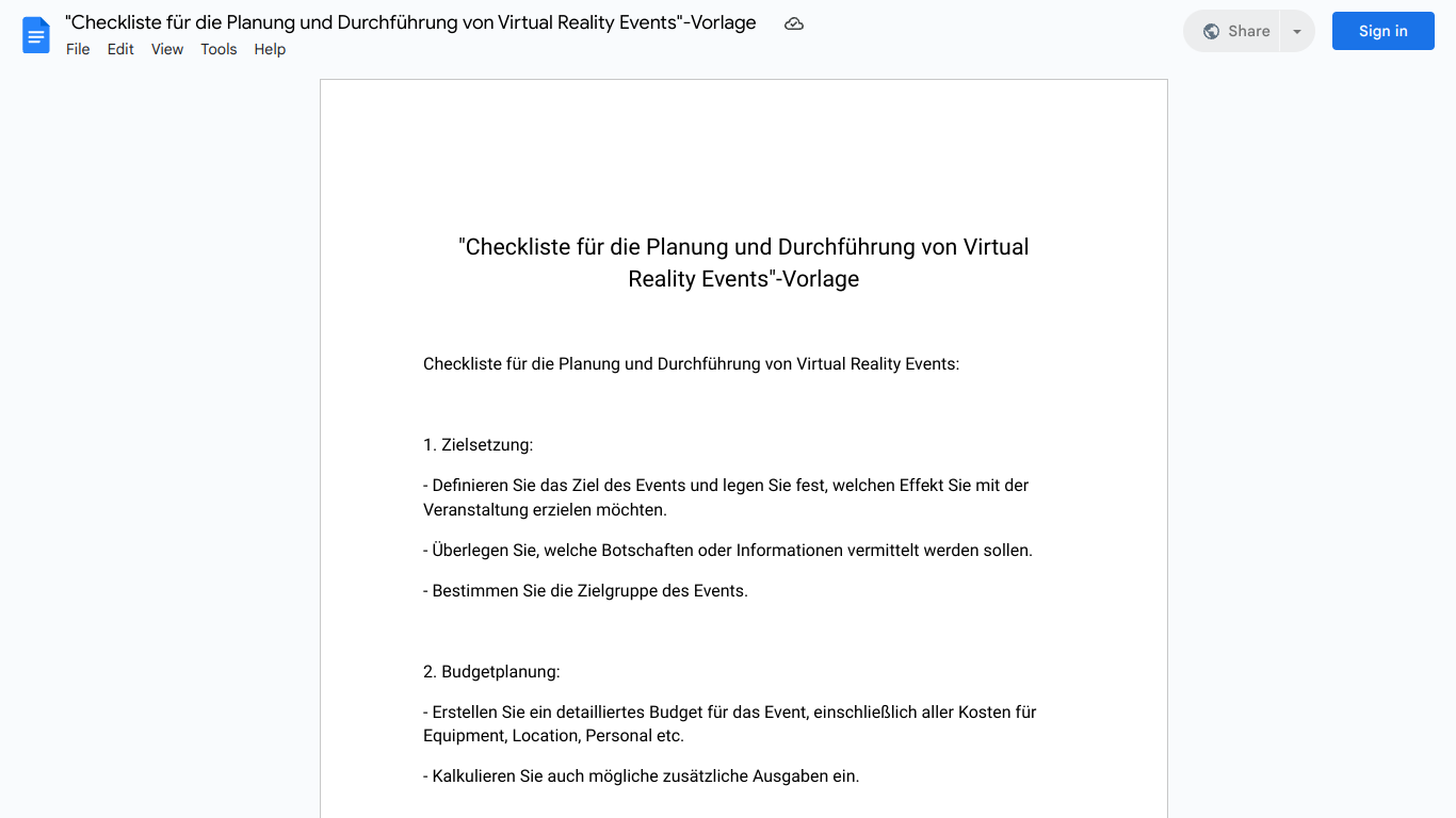 "Checkliste für die Planung und Durchführung von Virtual Reality Events"-Vorlage