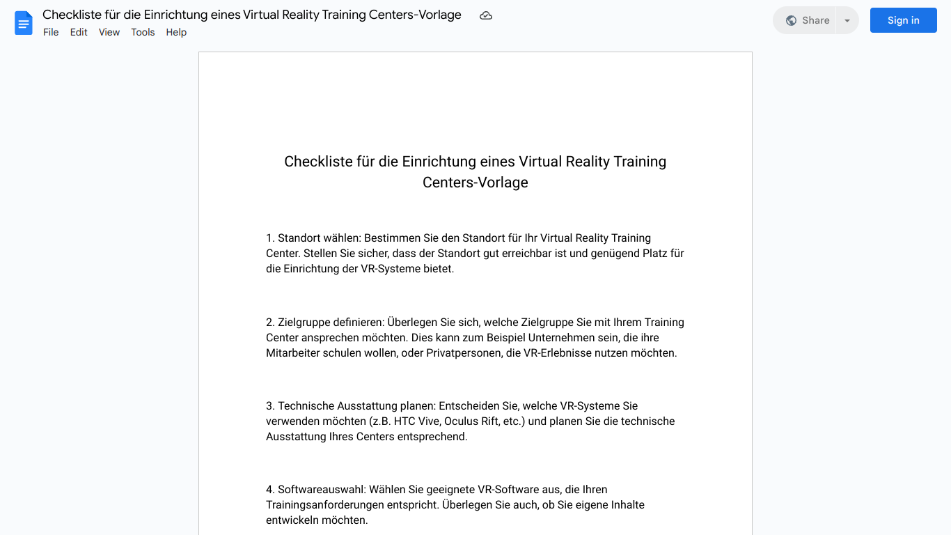 Checkliste für die Einrichtung eines Virtual Reality Training Centers-Vorlage