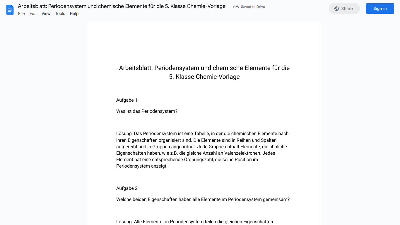 Arbeitsblatt: Periodensystem und chemische Elemente für die 5. Klasse Chemie-Vorlage