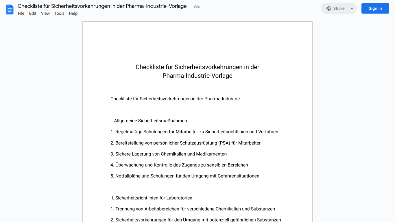 Checkliste für Sicherheitsvorkehrungen in der Pharma-Industrie-Vorlage