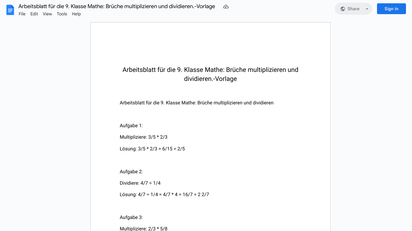 Arbeitsblatt für die 9. Klasse Mathe: Brüche multiplizieren und dividieren.-Vorlage
