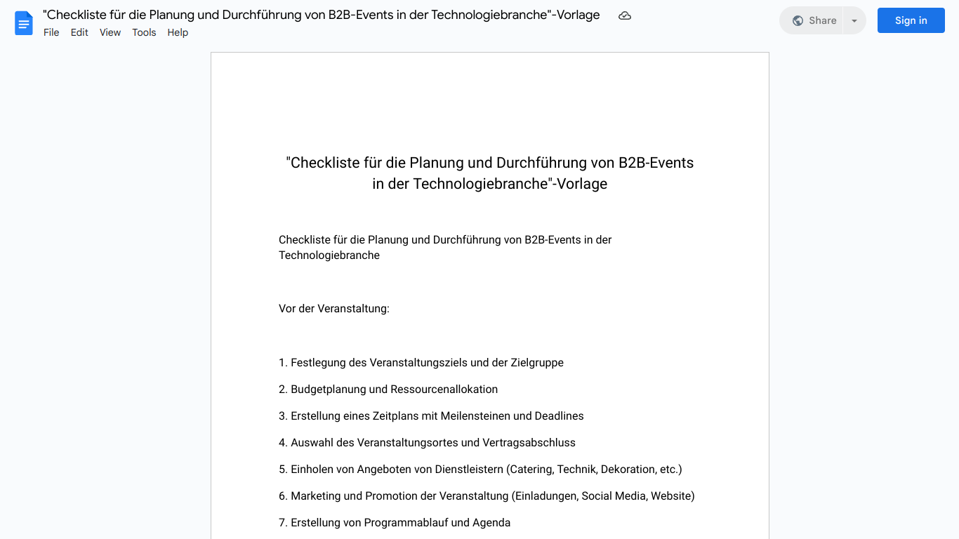 "Checkliste für die Planung und Durchführung von B2B-Events in der Technologiebranche"-Vorlage