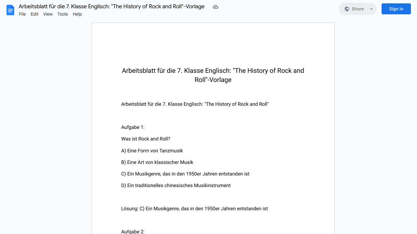 Arbeitsblatt für die 7. Klasse Englisch: "The History of Rock and Roll"-Vorlage