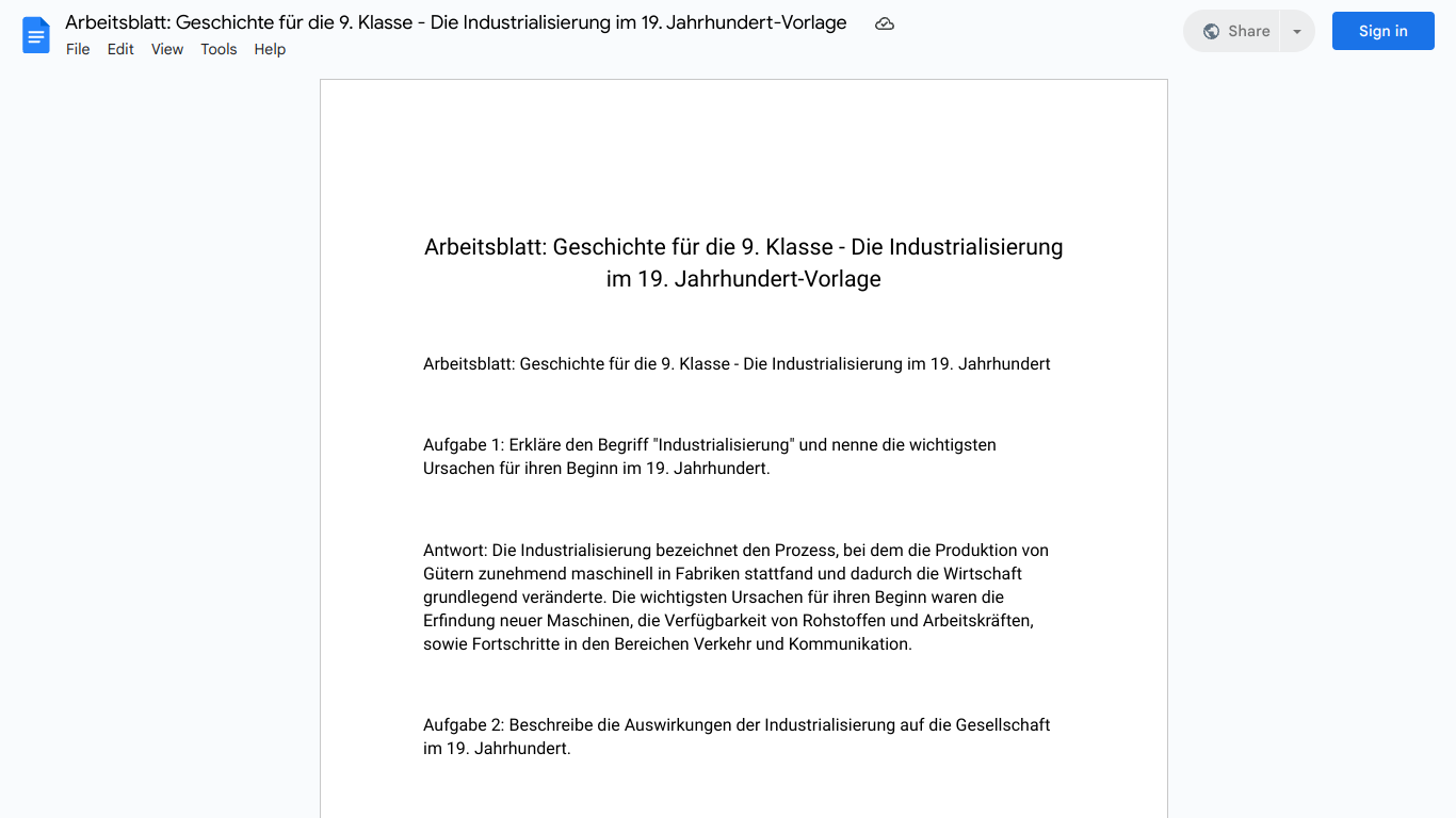 Arbeitsblatt: Geschichte für die 9. Klasse - Die Industrialisierung im 19. Jahrhundert-Vorlage