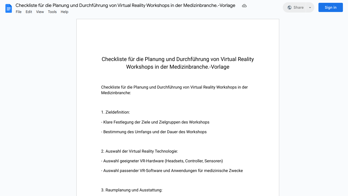 Checkliste für die Planung und Durchführung von Virtual Reality Workshops in der Medizinbranche.-Vorlage