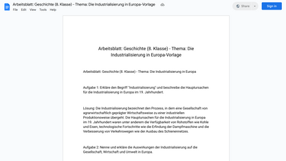Arbeitsblatt: Geschichte (8. Klasse) - Thema: Die Industrialisierung in Europa-Vorlage