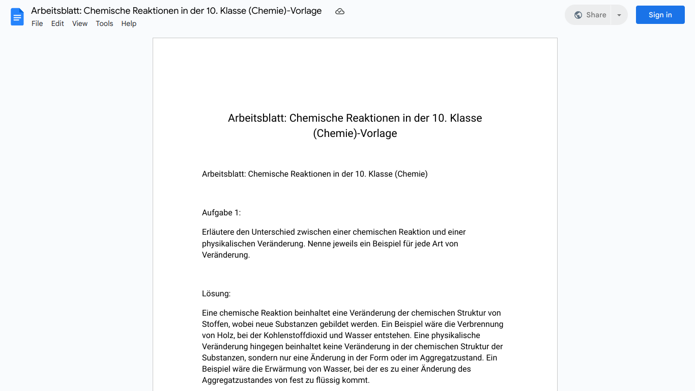 Arbeitsblatt: Chemische Reaktionen in der 10. Klasse (Chemie)-Vorlage