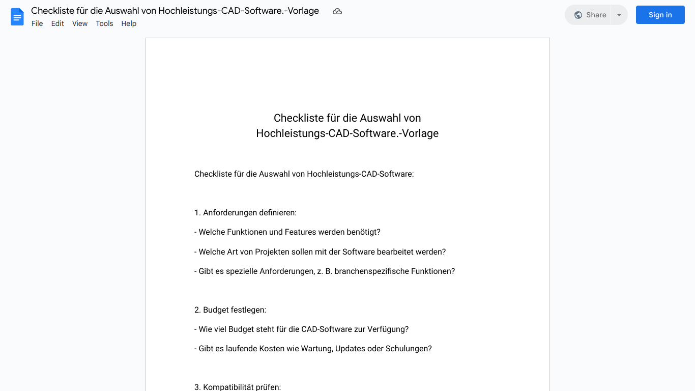 Checkliste für die Auswahl von Hochleistungs-CAD-Software.-Vorlage