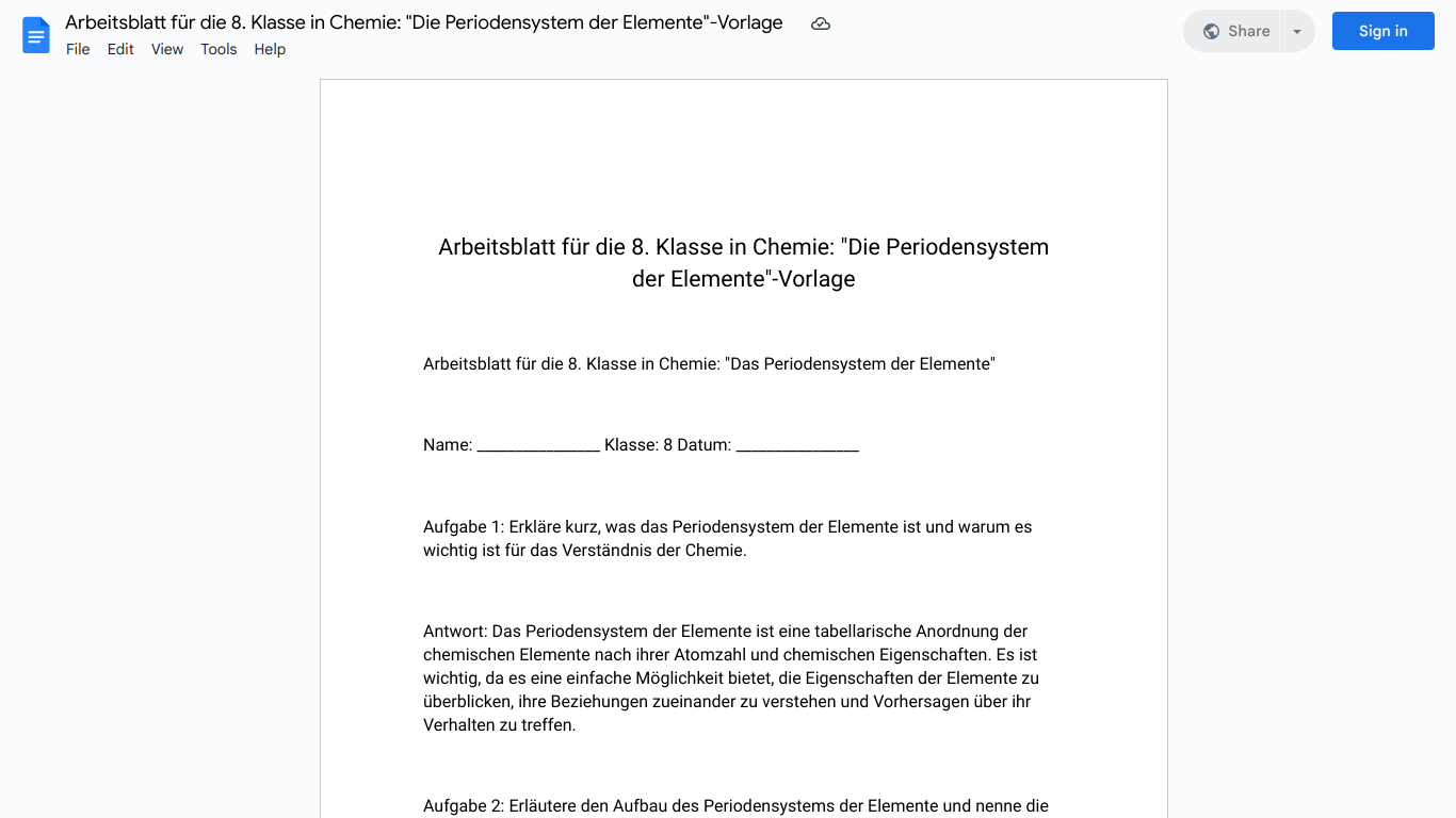 Arbeitsblatt für die 8. Klasse in Chemie: "Die Periodensystem der Elemente"-Vorlage