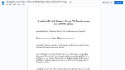 Arbeitsblatt für die 8. Klasse in Chemie: "Die Periodensystem der Elemente"-Vorlage