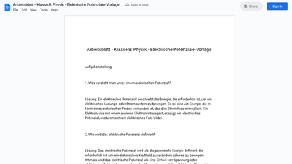 Arbeitsblatt - Klasse 8: Physik - Elektrische Potenziale-Vorlage