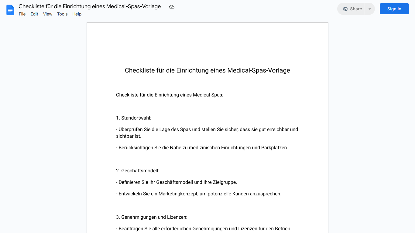 Checkliste für die Einrichtung eines Medical-Spas-Vorlage