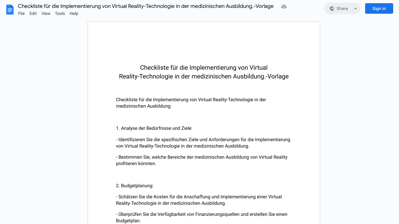 Checkliste für die Implementierung von Virtual Reality-Technologie in der medizinischen Ausbildung.-Vorlage