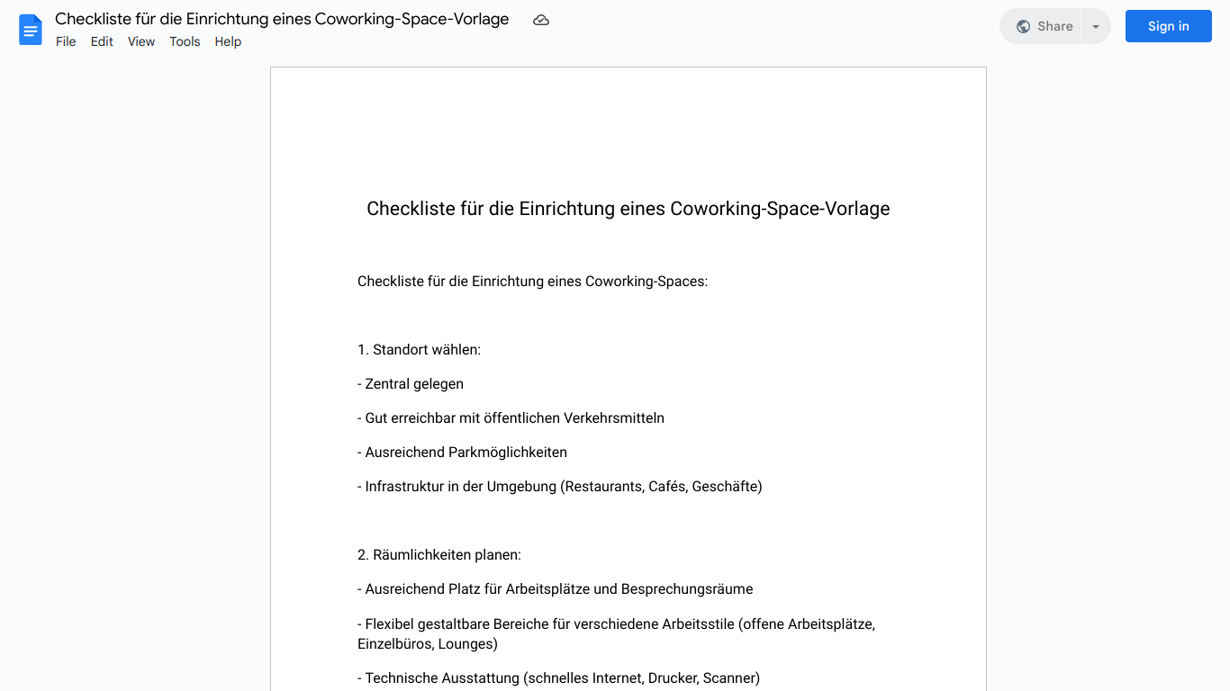 Checkliste für die Einrichtung eines Coworking-Space-Vorlage