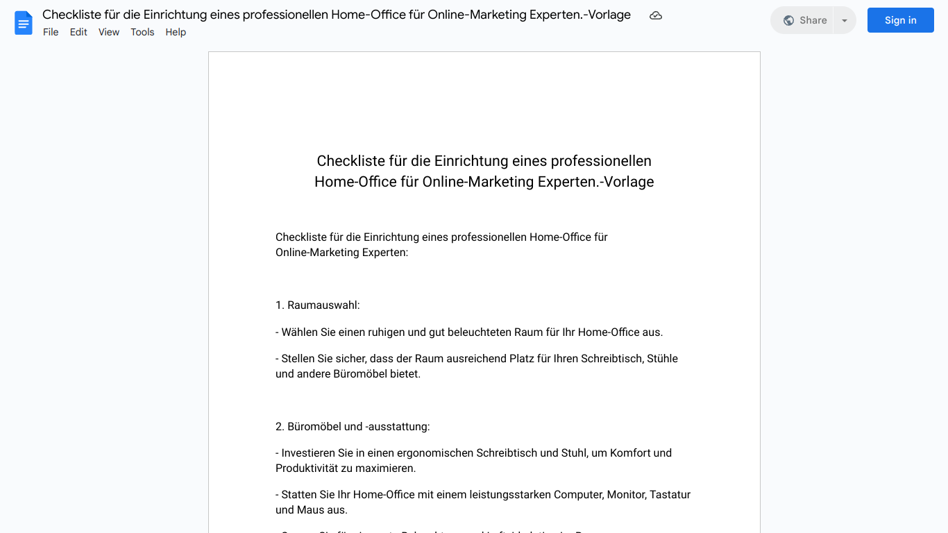 Checkliste für die Einrichtung eines professionellen Home-Office für Online-Marketing Experten.-Vorlage