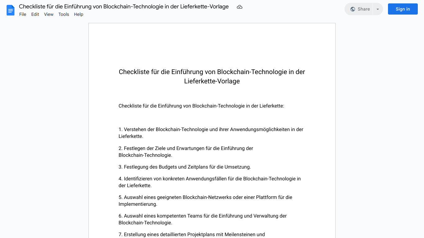 Checkliste für die Einführung von Blockchain-Technologie in der Lieferkette-Vorlage
