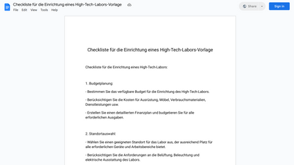 Checkliste für die Einrichtung eines High-Tech-Labors-Vorlage