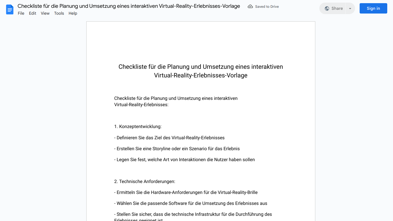 Checkliste für die Planung und Umsetzung eines interaktiven Virtual-Reality-Erlebnisses-Vorlage