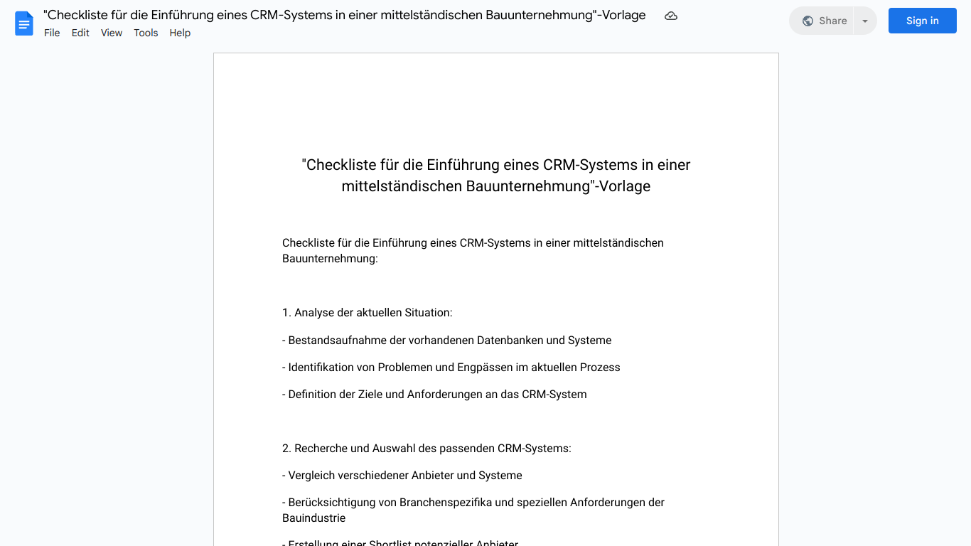 "Checkliste für die Einführung eines CRM-Systems in einer mittelständischen Bauunternehmung"-Vorlage