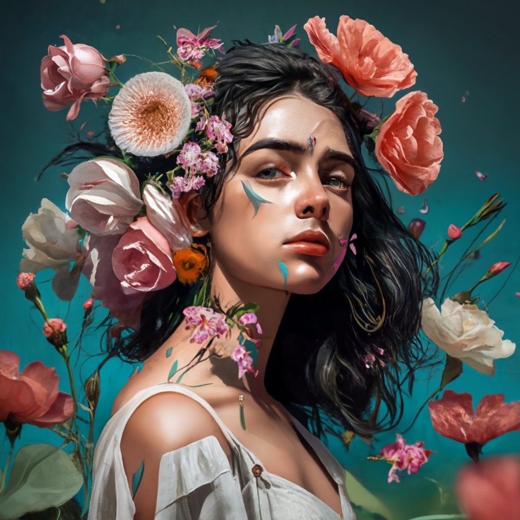 Poster Frau - illustriert im Noir-Stil - verstrickt in Verführung und Blumen
