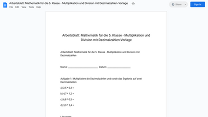 Arbeitsblatt: Mathematik für die 5. Klasse - Multiplikation und Division mit Dezimalzahlen-Vorlage