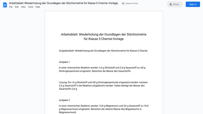 Arbeitsblatt: Wiederholung der Grundlagen der Stöchiometrie für Klasse 5 Chemie-Vorlage