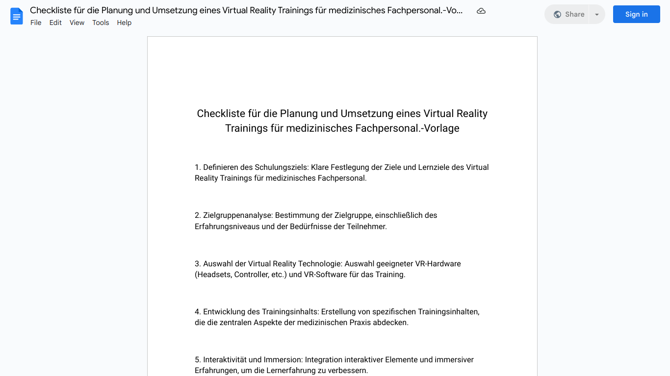 Checkliste für die Planung und Umsetzung eines Virtual Reality Trainings für medizinisches Fachpersonal.-Vorlage