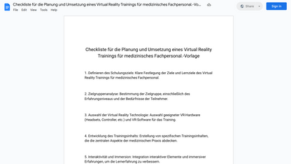 Checkliste für die Planung und Umsetzung eines Virtual Reality Trainings für medizinisches Fachpersonal.-Vorlage