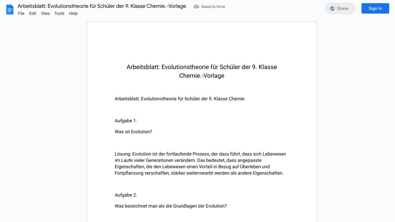 Arbeitsblatt: Evolutionstheorie für Schüler der 9. Klasse Chemie.-Vorlage