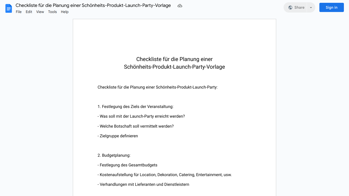 Checkliste für die Planung einer Schönheits-Produkt-Launch-Party-Vorlage