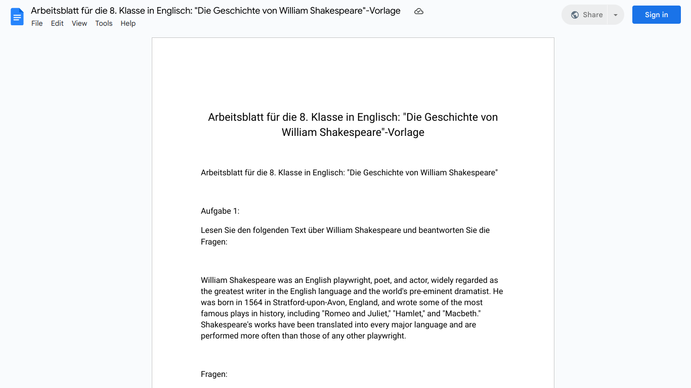 Arbeitsblatt für die 8. Klasse in Englisch: "Die Geschichte von William Shakespeare"-Vorlage