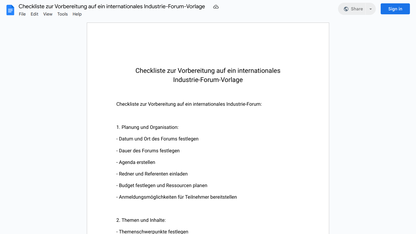 Checkliste zur Vorbereitung auf ein internationales Industrie-Forum-Vorlage