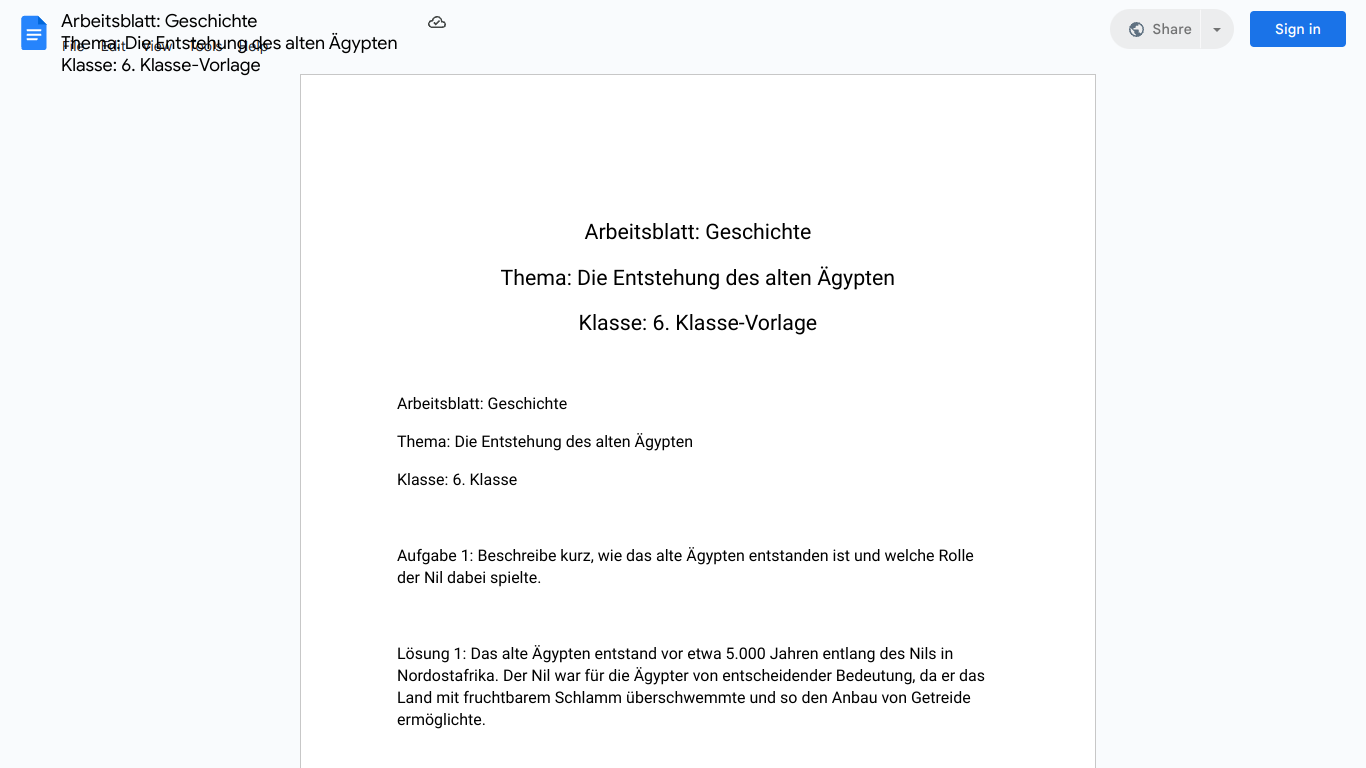 Arbeitsblatt: Geschichte 
Thema: Die Entstehung des alten Ägypten 
Klasse: 6. Klasse-Vorlage