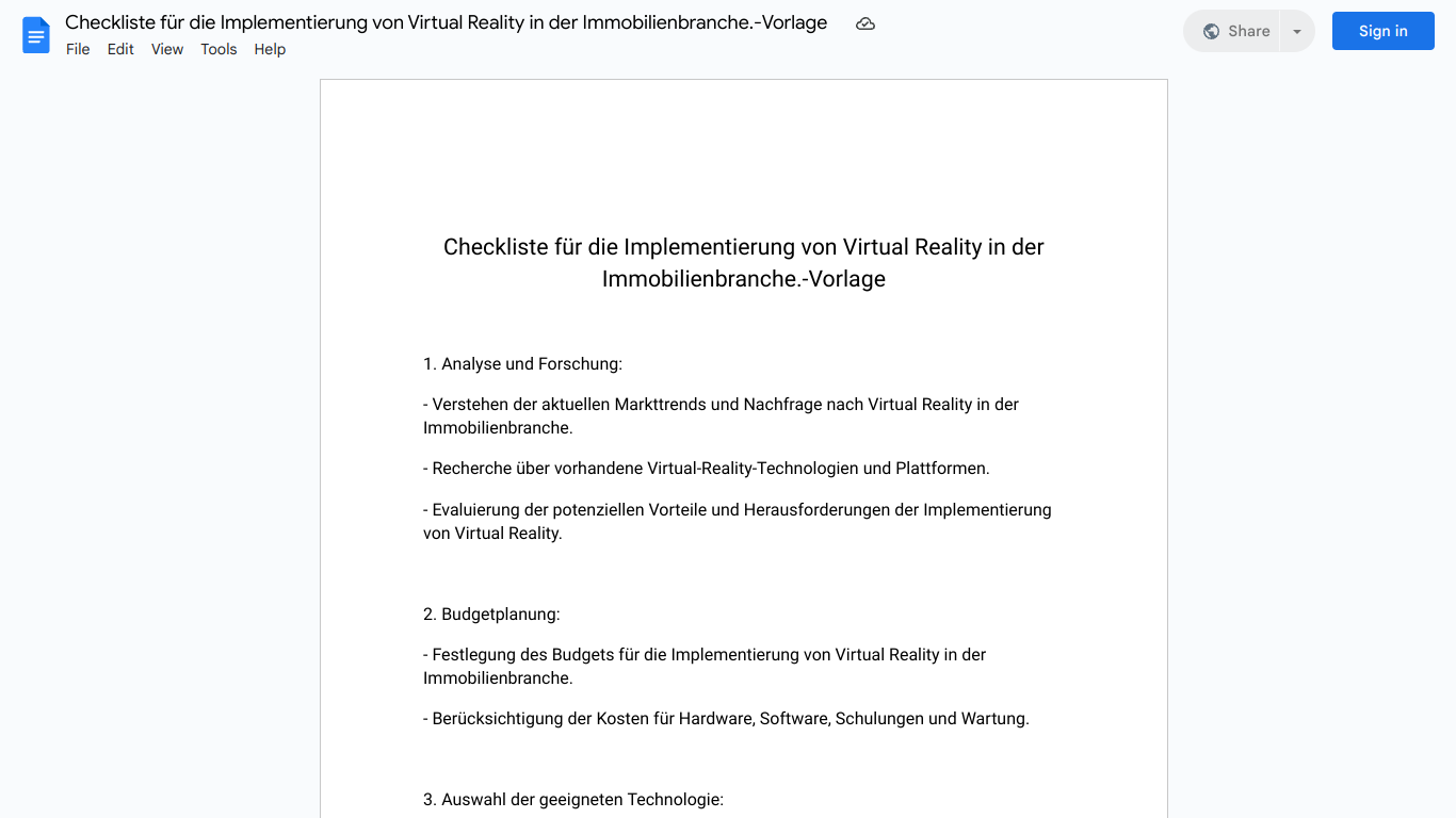 Checkliste für die Implementierung von Virtual Reality in der Immobilienbranche.-Vorlage