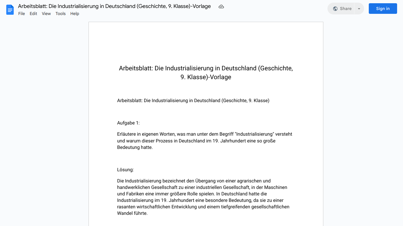 Arbeitsblatt: Die Industrialisierung in Deutschland (Geschichte, 9. Klasse)-Vorlage