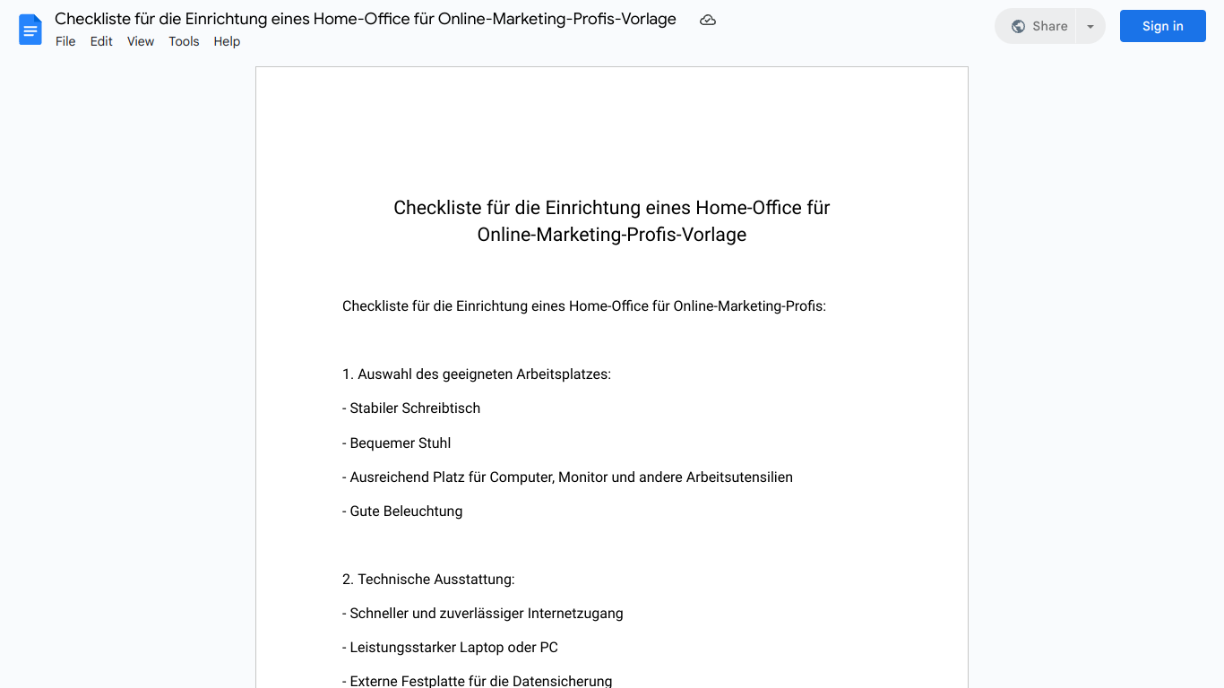Checkliste für die Einrichtung eines Home-Office für Online-Marketing-Profis-Vorlage