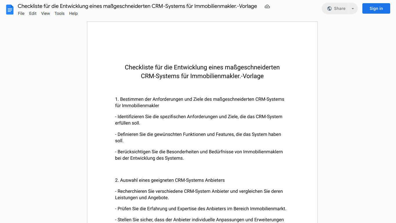 Checkliste für die Entwicklung eines maßgeschneiderten CRM-Systems für Immobilienmakler.-Vorlage