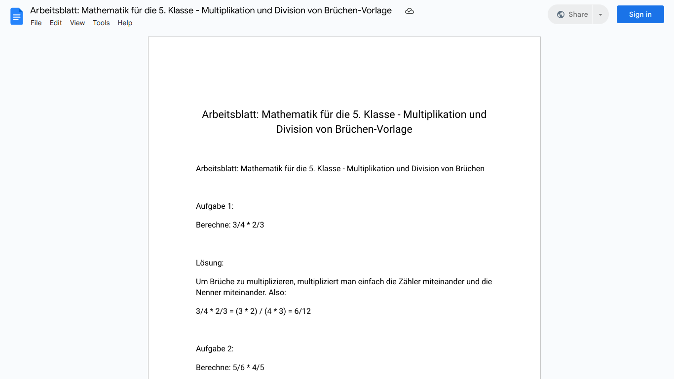 Arbeitsblatt: Mathematik für die 5. Klasse - Multiplikation und Division von Brüchen-Vorlage