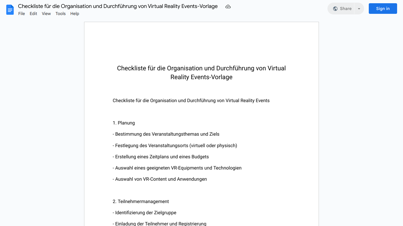 Checkliste für die Organisation und Durchführung von Virtual Reality Events-Vorlage