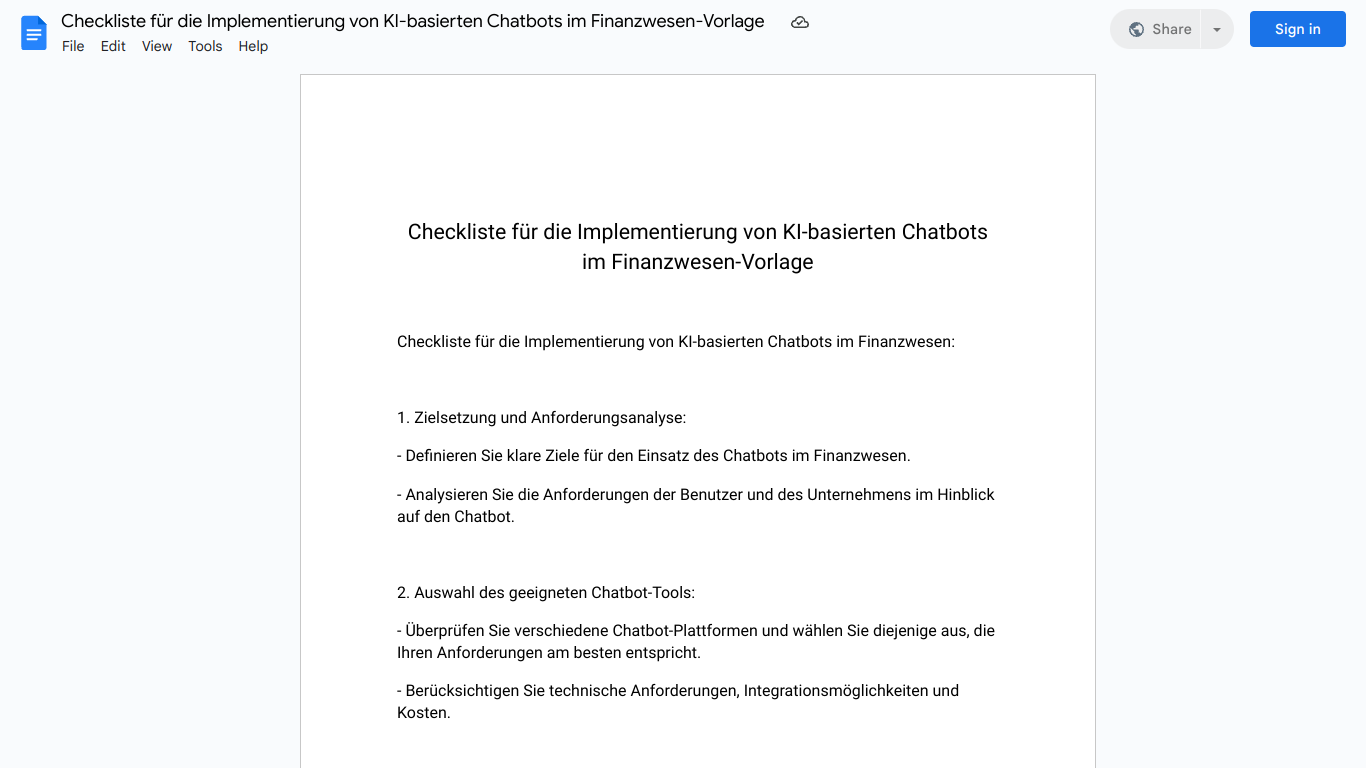 Checkliste für die Implementierung von KI-basierten Chatbots im Finanzwesen-Vorlage
