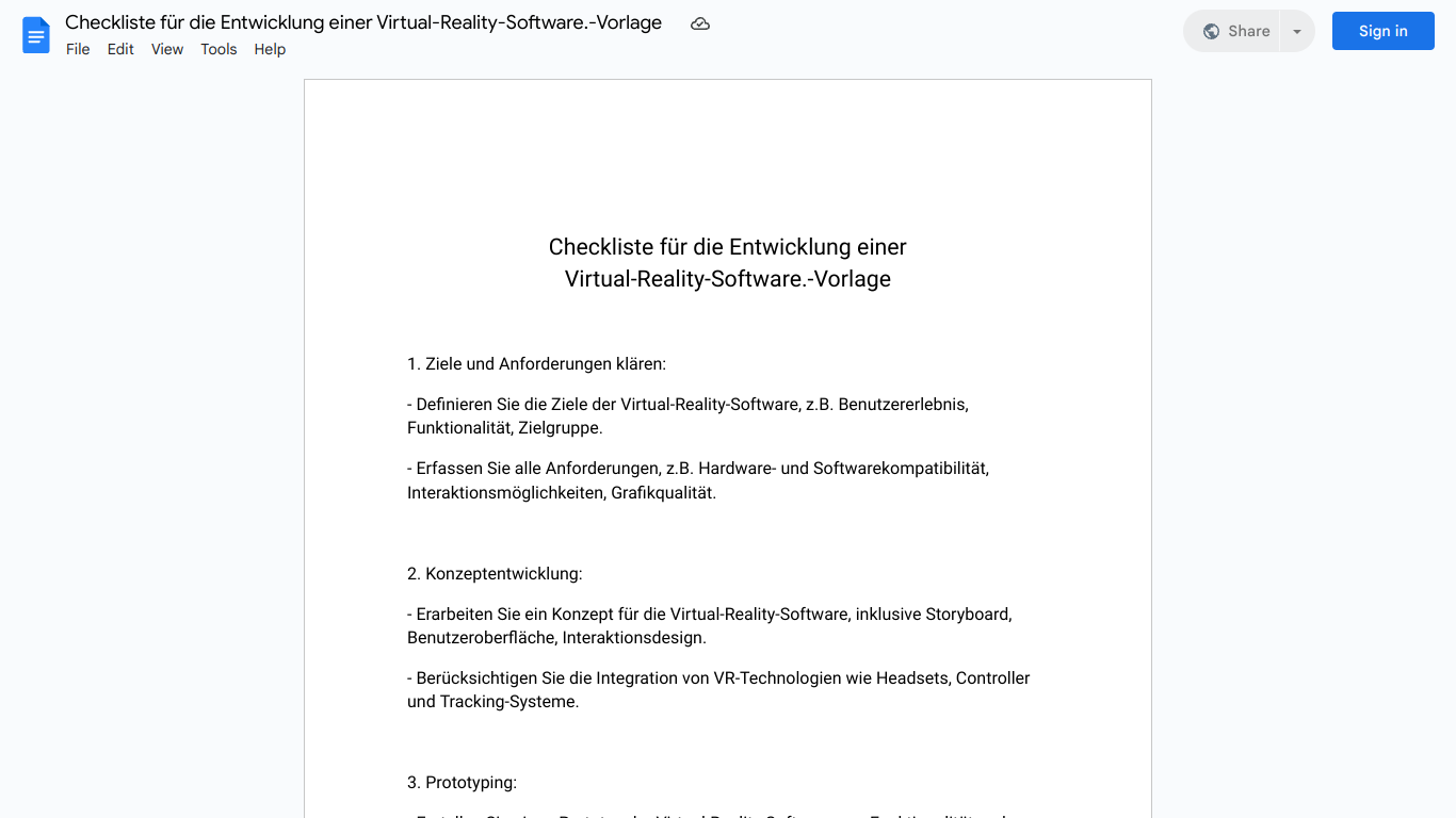 Checkliste für die Entwicklung einer Virtual-Reality-Software.-Vorlage