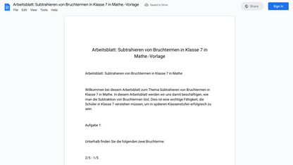 Arbeitsblatt: Subtrahieren von Bruchtermen in Klasse 7 in Mathe.-Vorlage