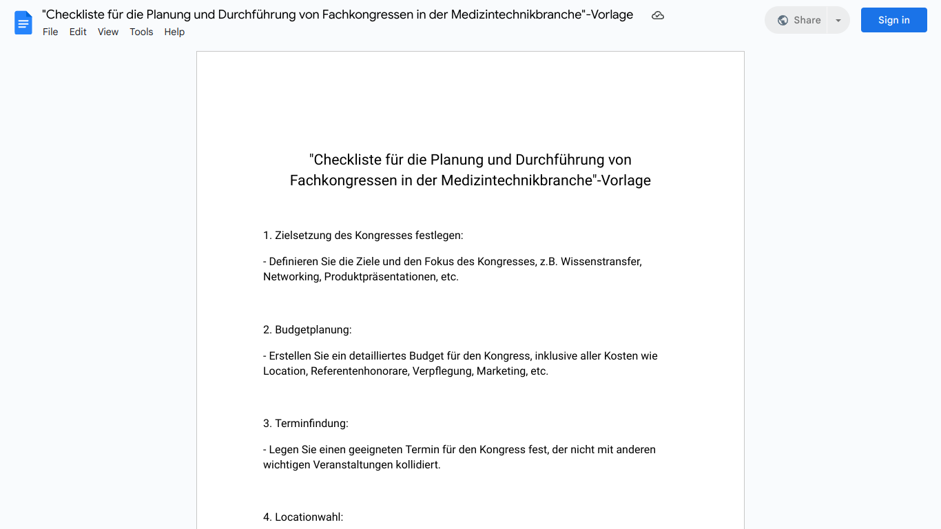 "Checkliste für die Planung und Durchführung von Fachkongressen in der Medizintechnikbranche"-Vorlage