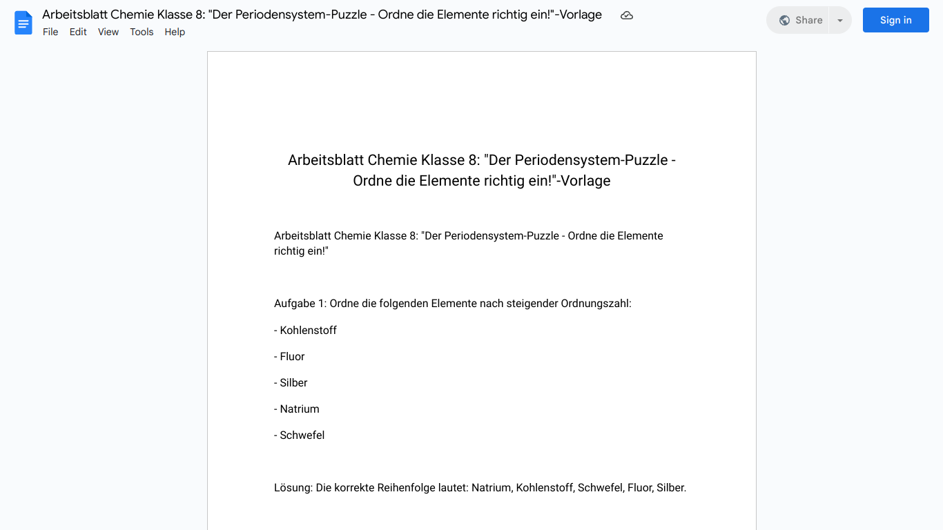 Arbeitsblatt Chemie Klasse 8: "Der Periodensystem-Puzzle - Ordne die Elemente richtig ein!"-Vorlage