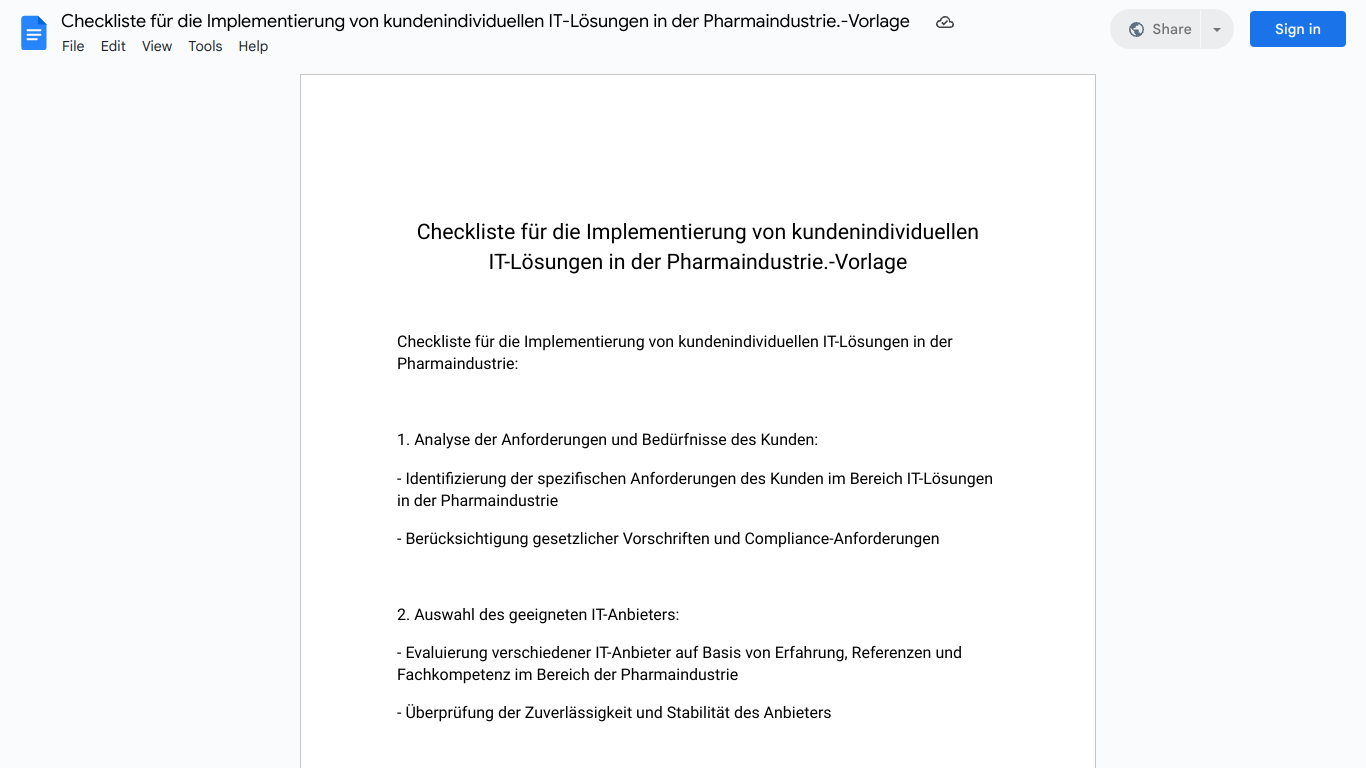 Checkliste für die Implementierung von kundenindividuellen IT-Lösungen in der Pharmaindustrie.-Vorlage