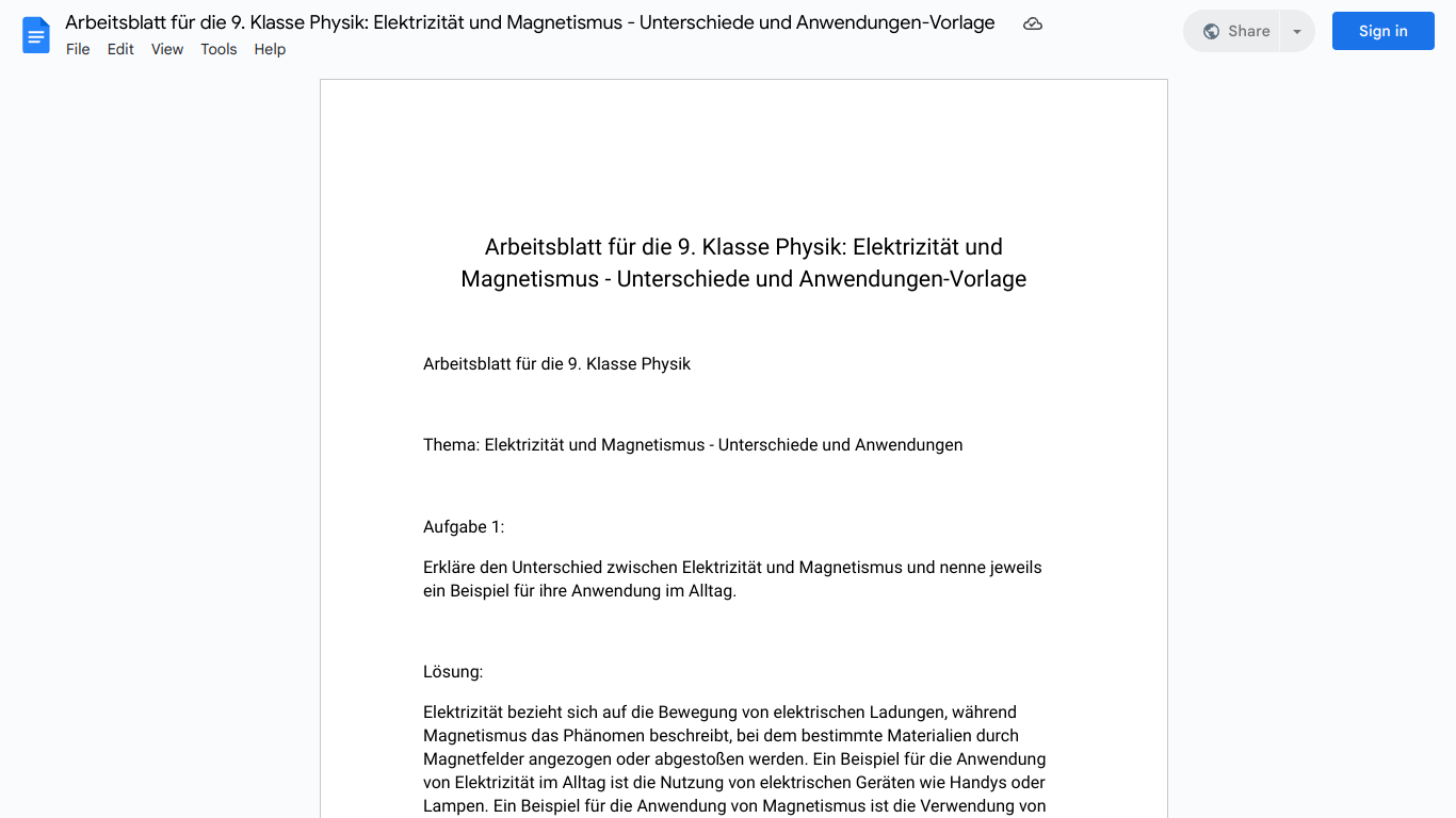 Arbeitsblatt für die 9. Klasse Physik: Elektrizität und Magnetismus - Unterschiede und Anwendungen-Vorlage