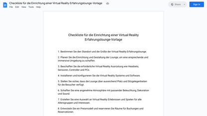 Checkliste für die Einrichtung einer Virtual Reality Erfahrungslounge-Vorlage