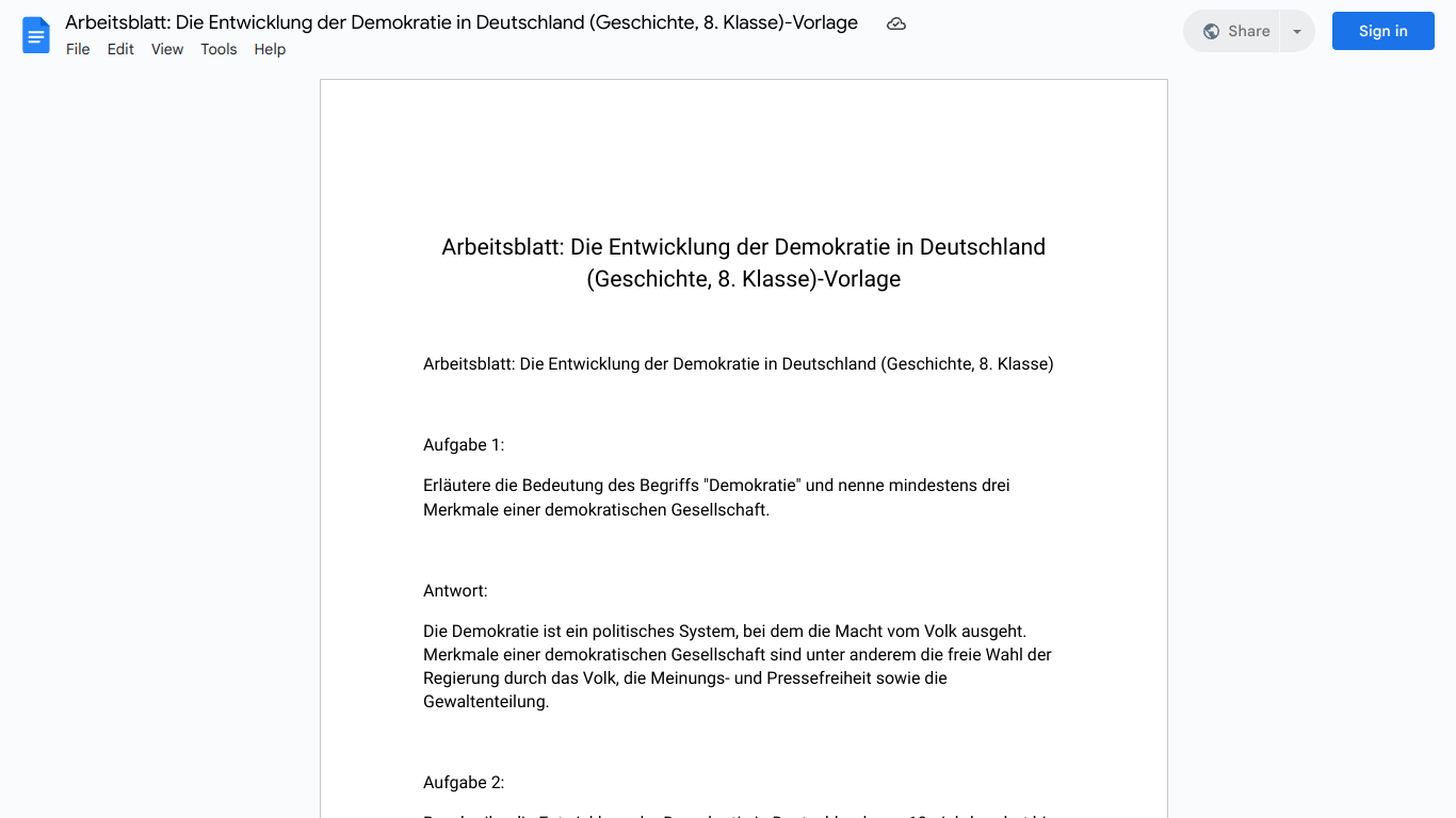 Arbeitsblatt: Die Entwicklung der Demokratie in Deutschland (Geschichte, 8. Klasse)-Vorlage